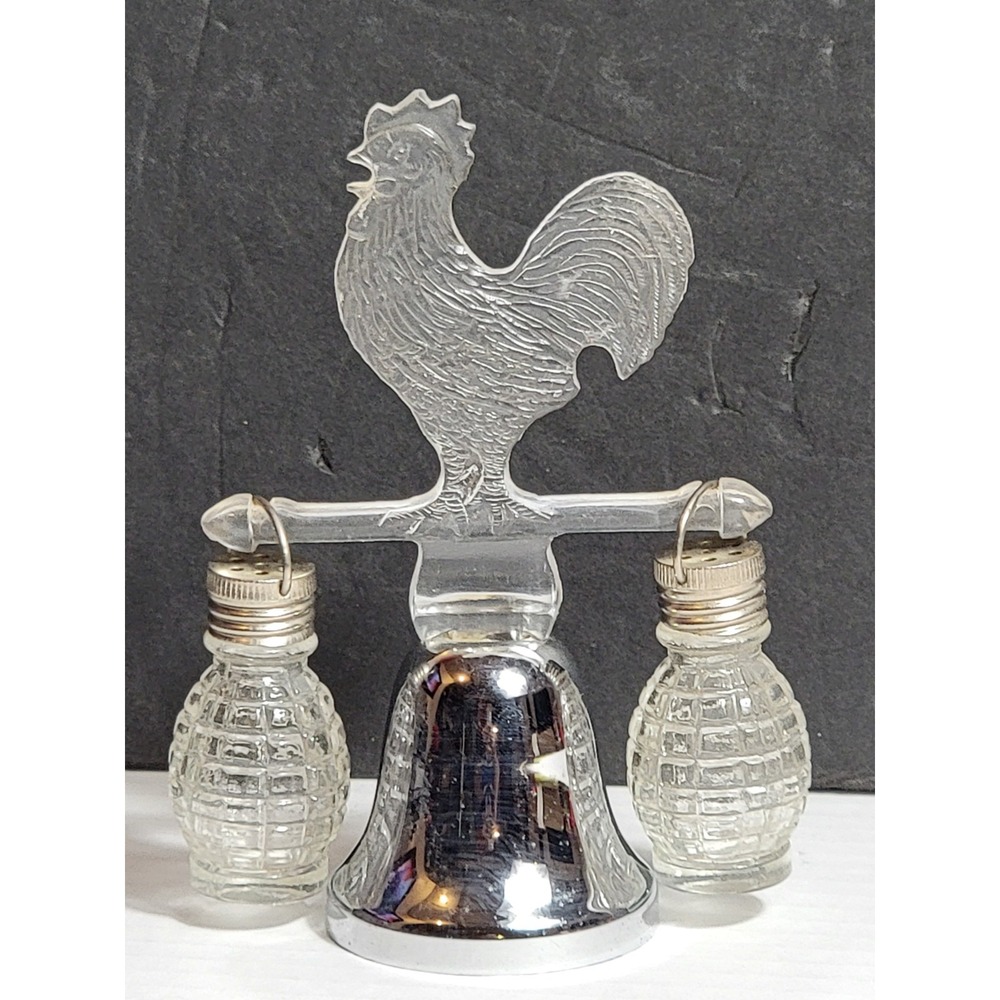 Vintage Metal Salt & Pepper Shaker Dinner Bell Plastic Rooster Carrying Glass